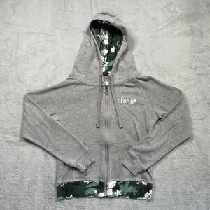Island Design Collection Hoodie Women Small Gray Aloha Floral Zip Up Sweatshirt
